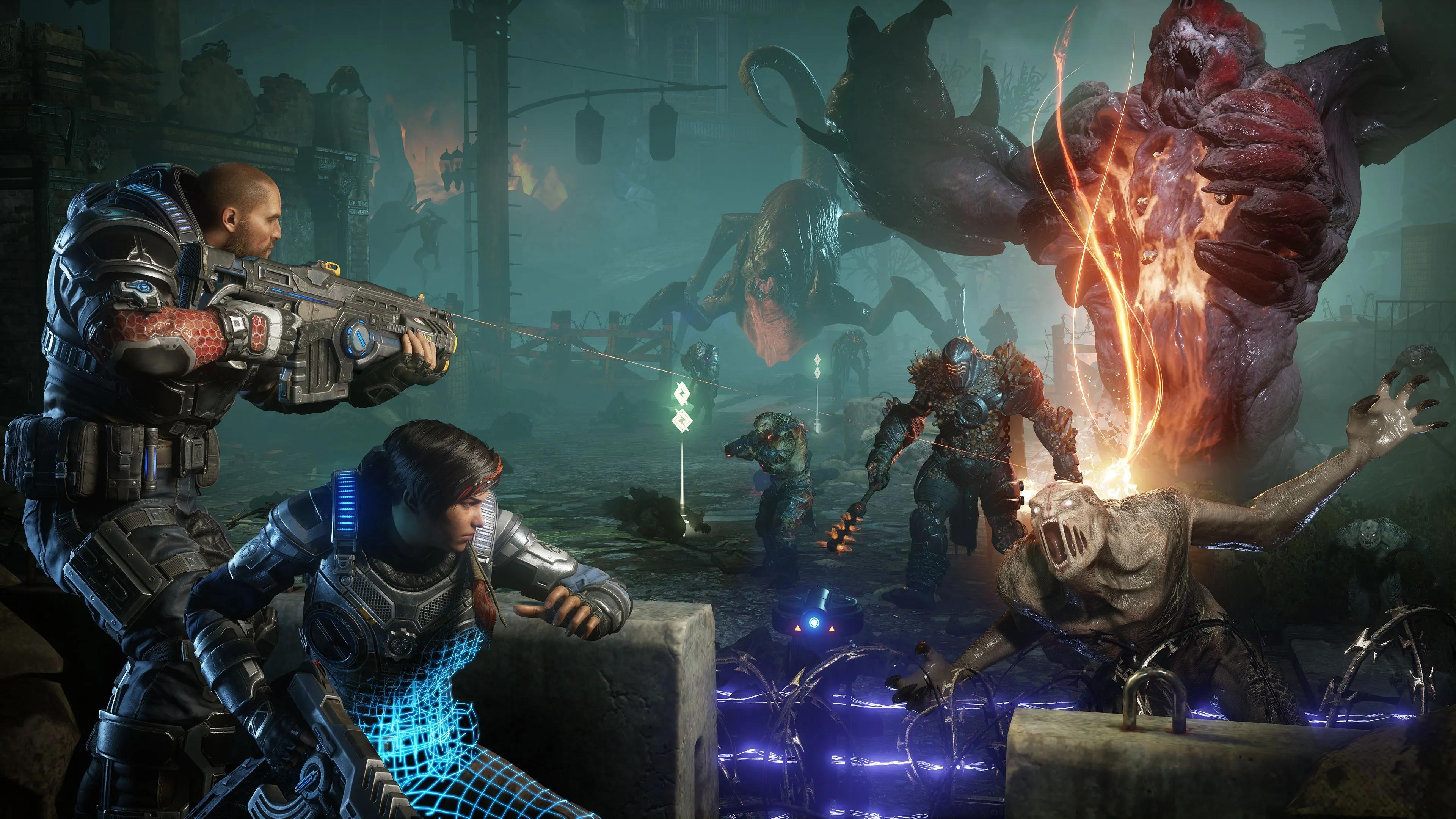 Screenshot chế độ Horde trong Gears 5 thể hiện trận chiến co-op quy mô lớn