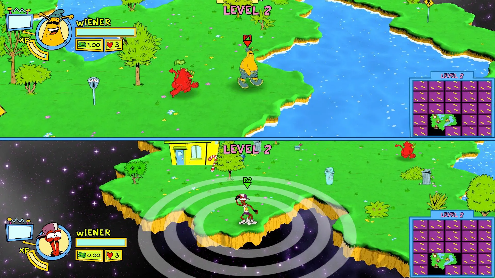 Screenshot concept ToeJam &amp; Earl - cảnh gameplay nhiều màu sắc và đồng đội