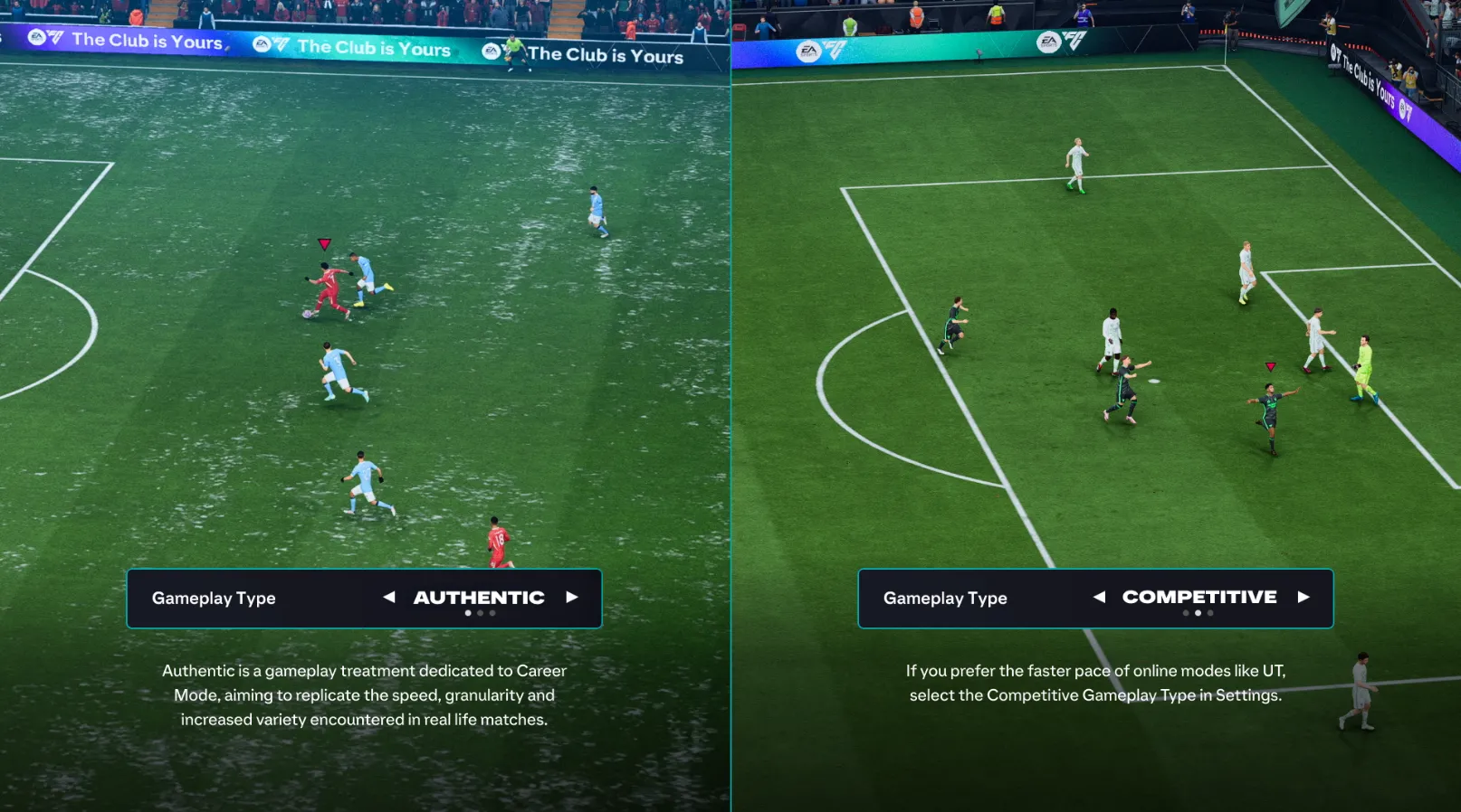 Screenshot gameplay FC26 thể hiện khác biệt giữa Authentic và Competitive