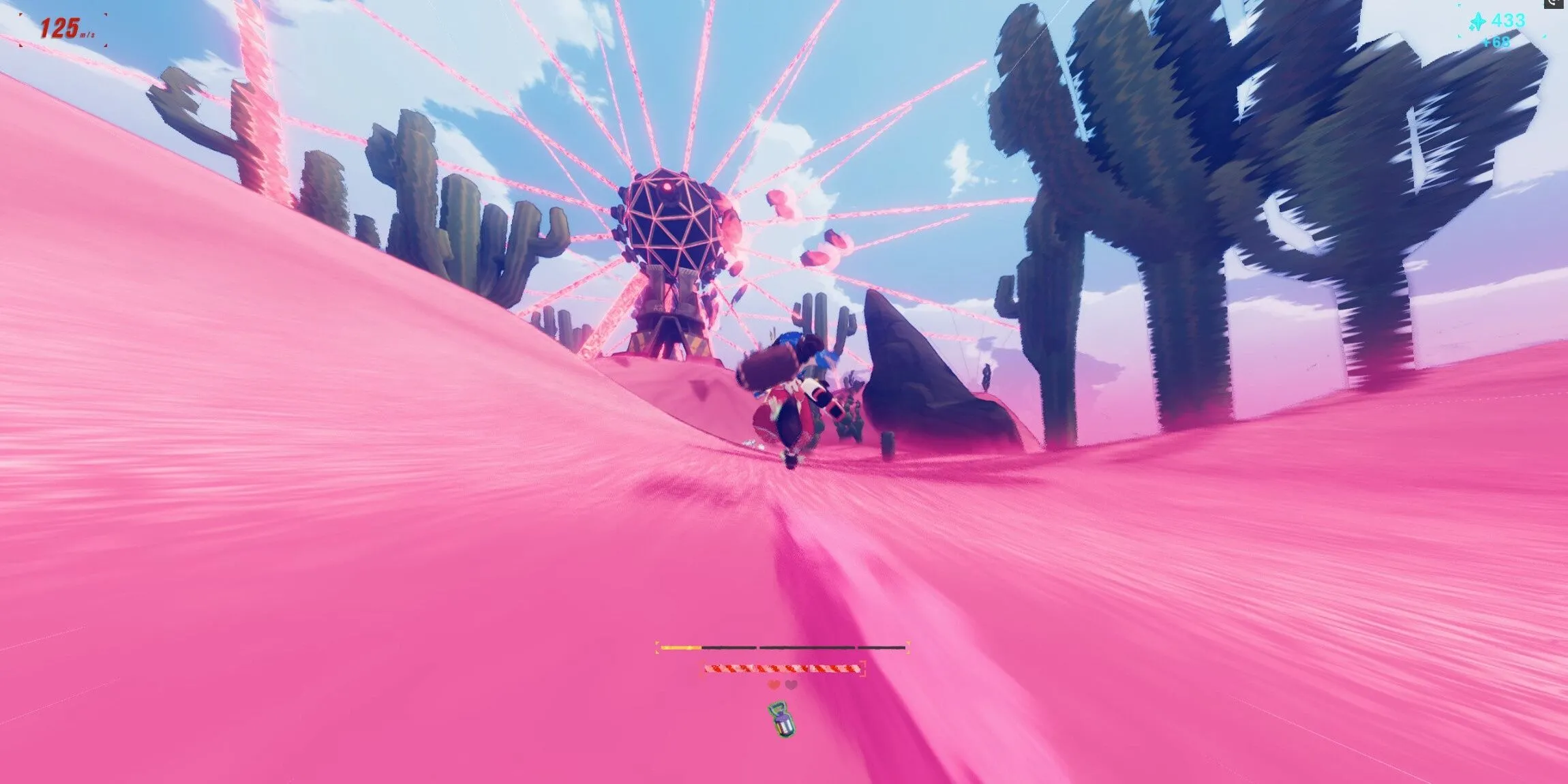 Screenshot Haste — nhân vật chạy qua sa mạc, giao thoa giữa tốc độ và chướng ngại