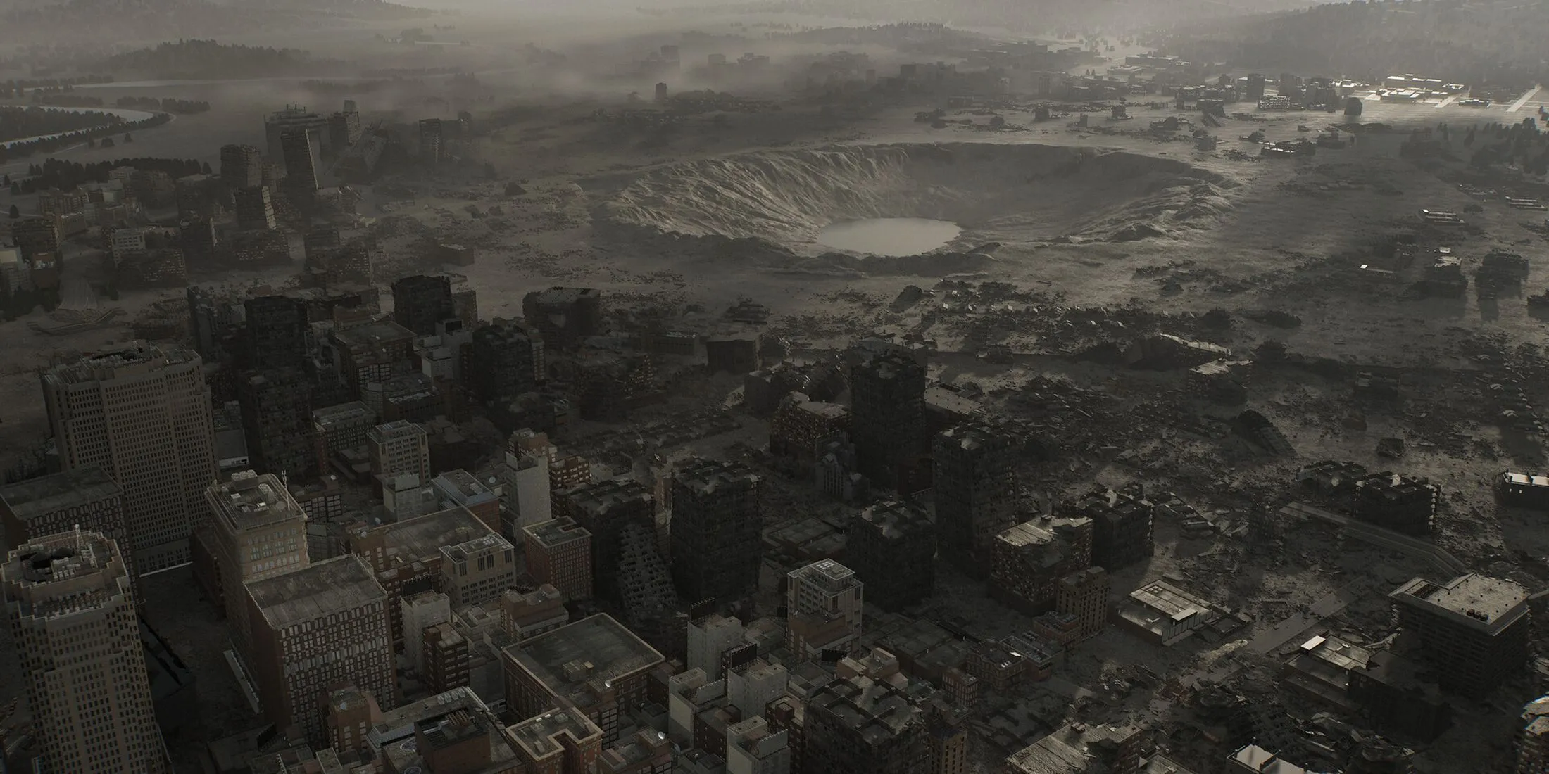 Screenshot trailer: cảnh đổ nát tại Raccoon City Crater—gợi ý về quy mô môi trường và tông màu hậu khải huyền