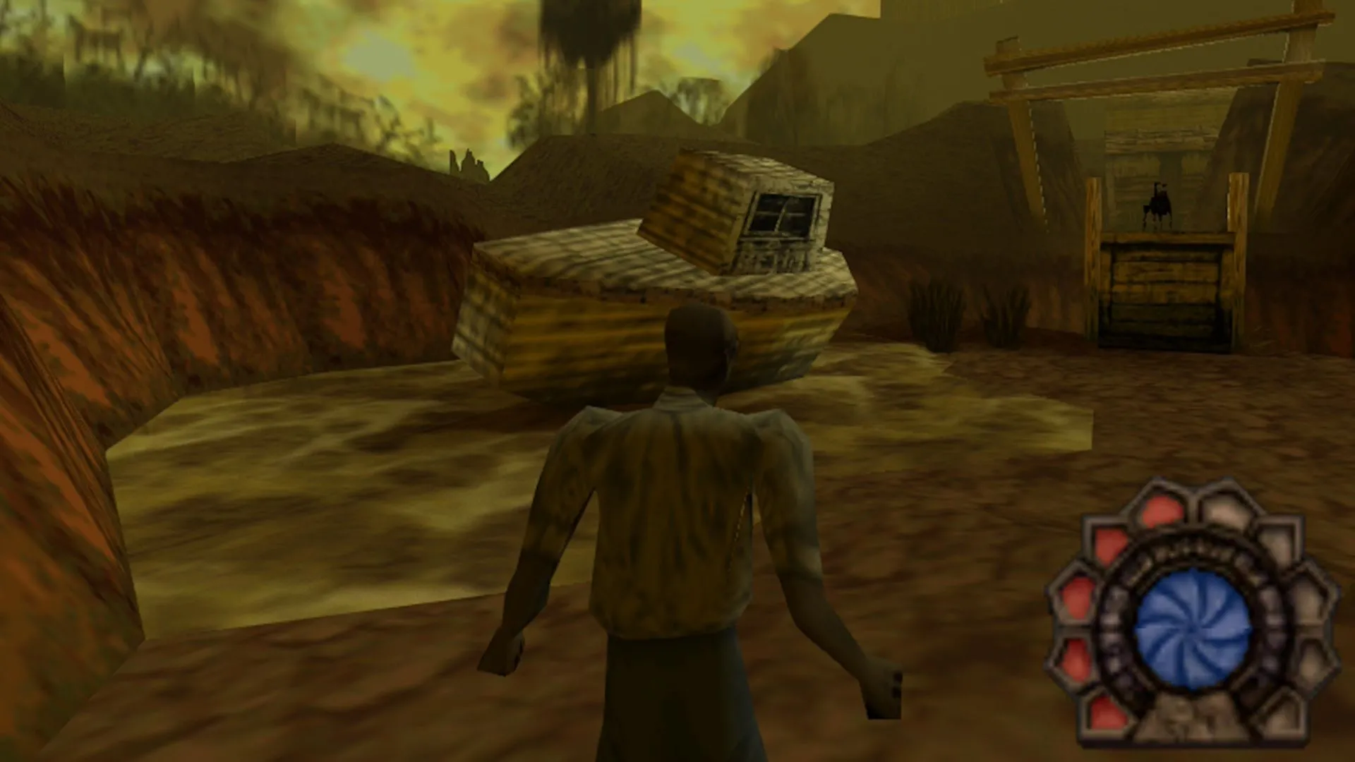 Shadow Man đứng trước xác tàu, thể hiện bầu không khí u ám của game hành động phiêu lưu