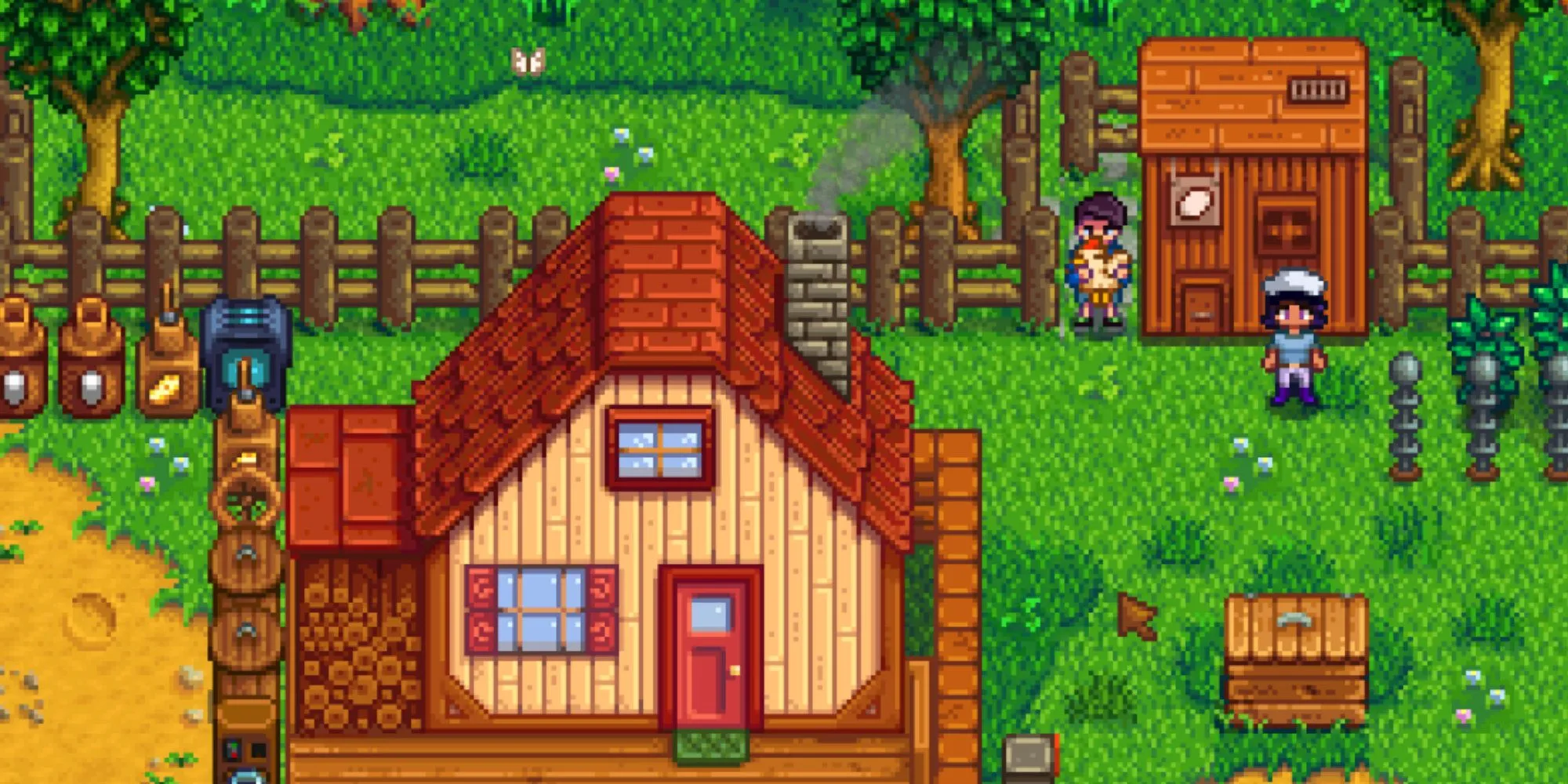 Shane và nhân vật người chơi đứng bên chuồng gà trên nông trại trong Stardew Valley, minh họa yếu tố NPC và đời sống nông trại trong game.