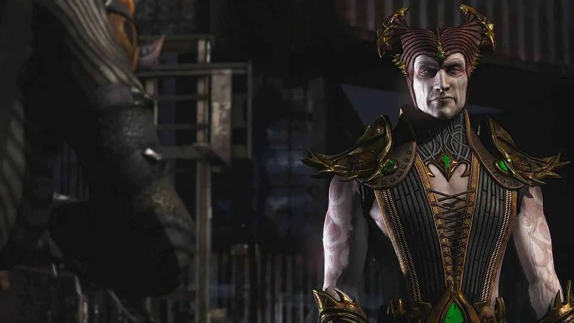 Shinnok mặc đồ sọc và mũ có sừng trong Mortal Kombat X