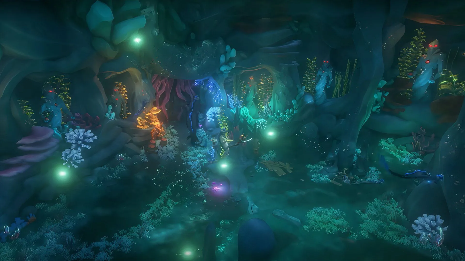 Siren Shrine trong Sea of Thieves, mô tả vùng đền ngầm với kẻ thù và nền tảng giải đố đồng đội