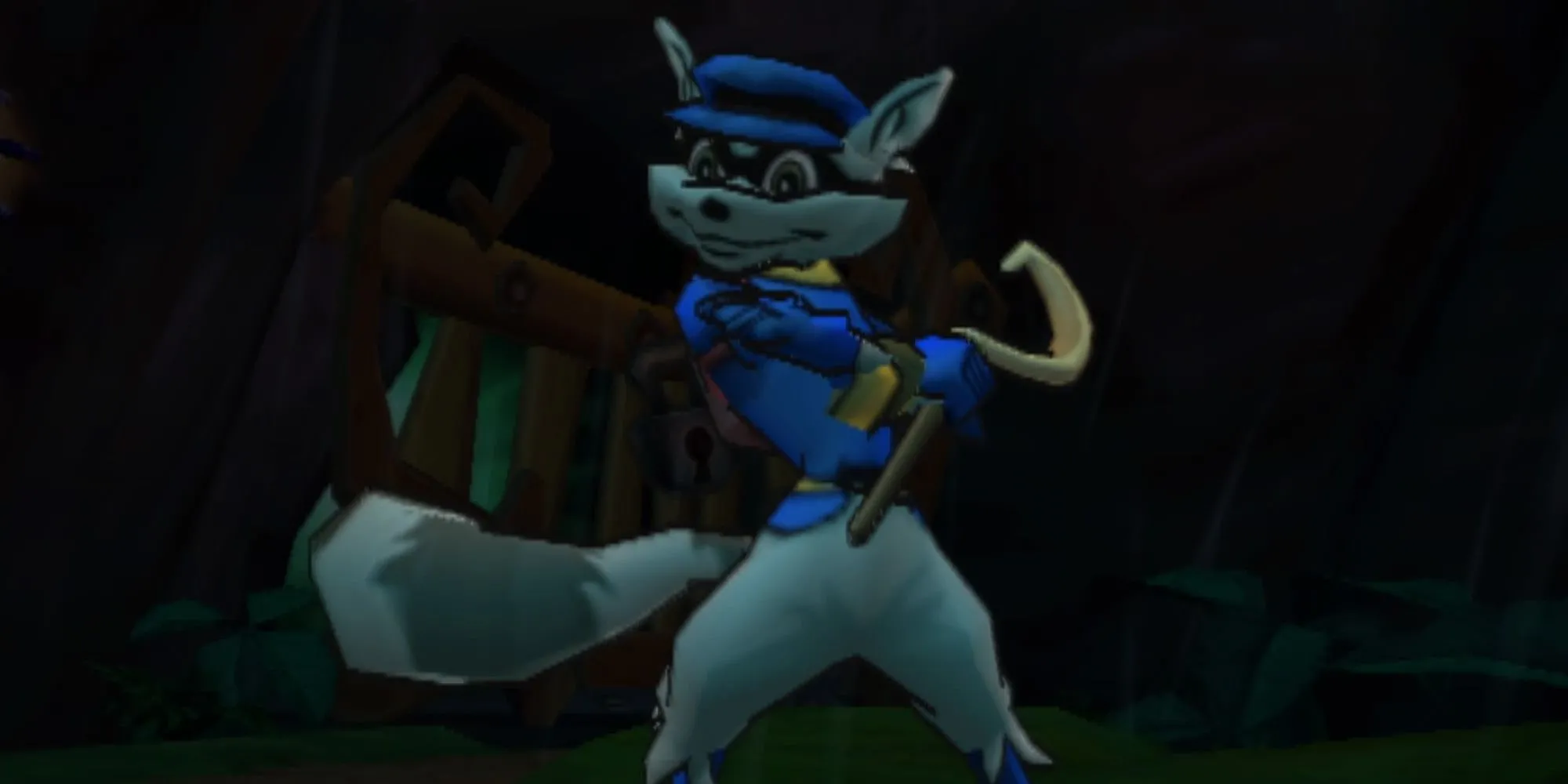 Sly Cooper đang lén lút trong gameplay platformer đặc trưng của series