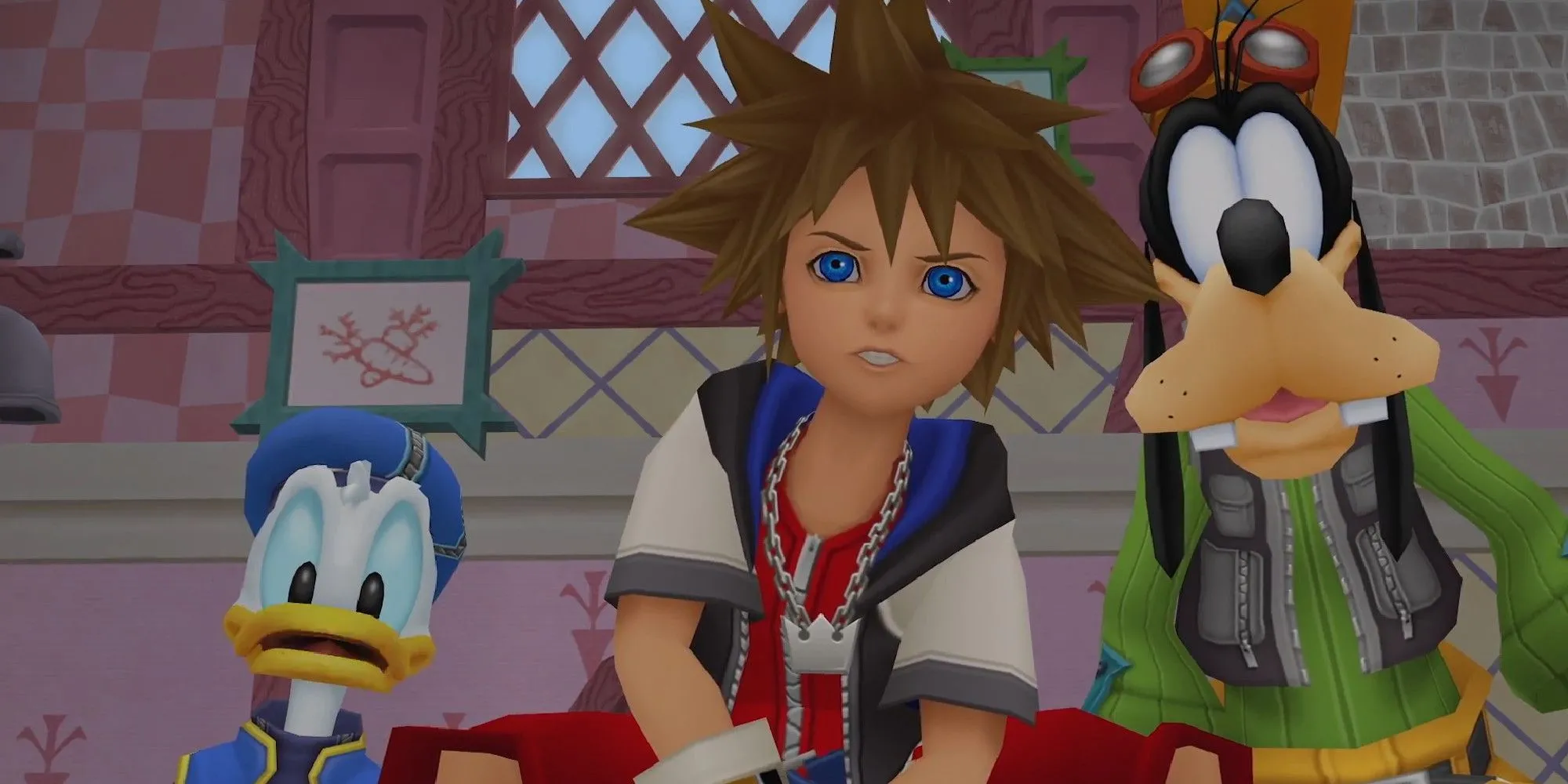 Sora, Donald và Goofy thể hiện phản ứng trong một phân cảnh đặc trưng của Kingdom Hearts, pha trộn Disney và JRPG
