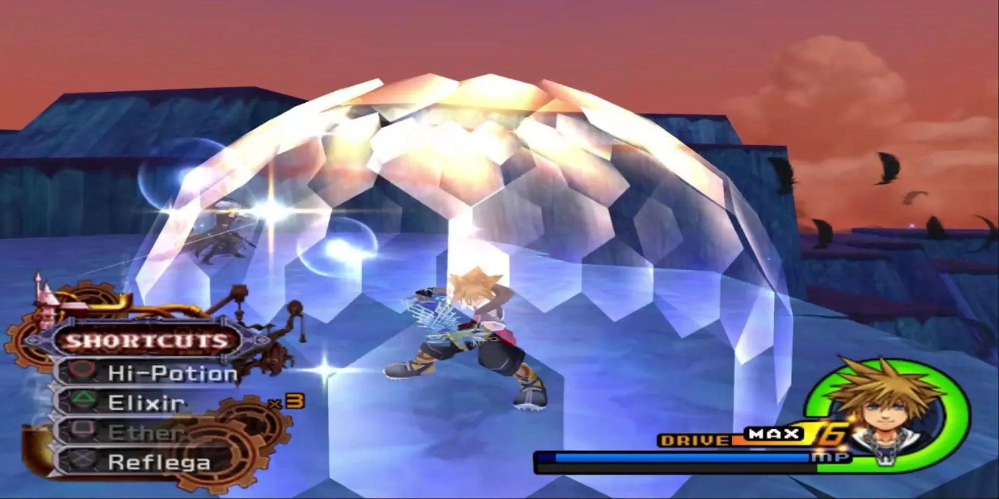 Sora sử dụng phép Reflect để phản đòn trong Kingdom Hearts 2
