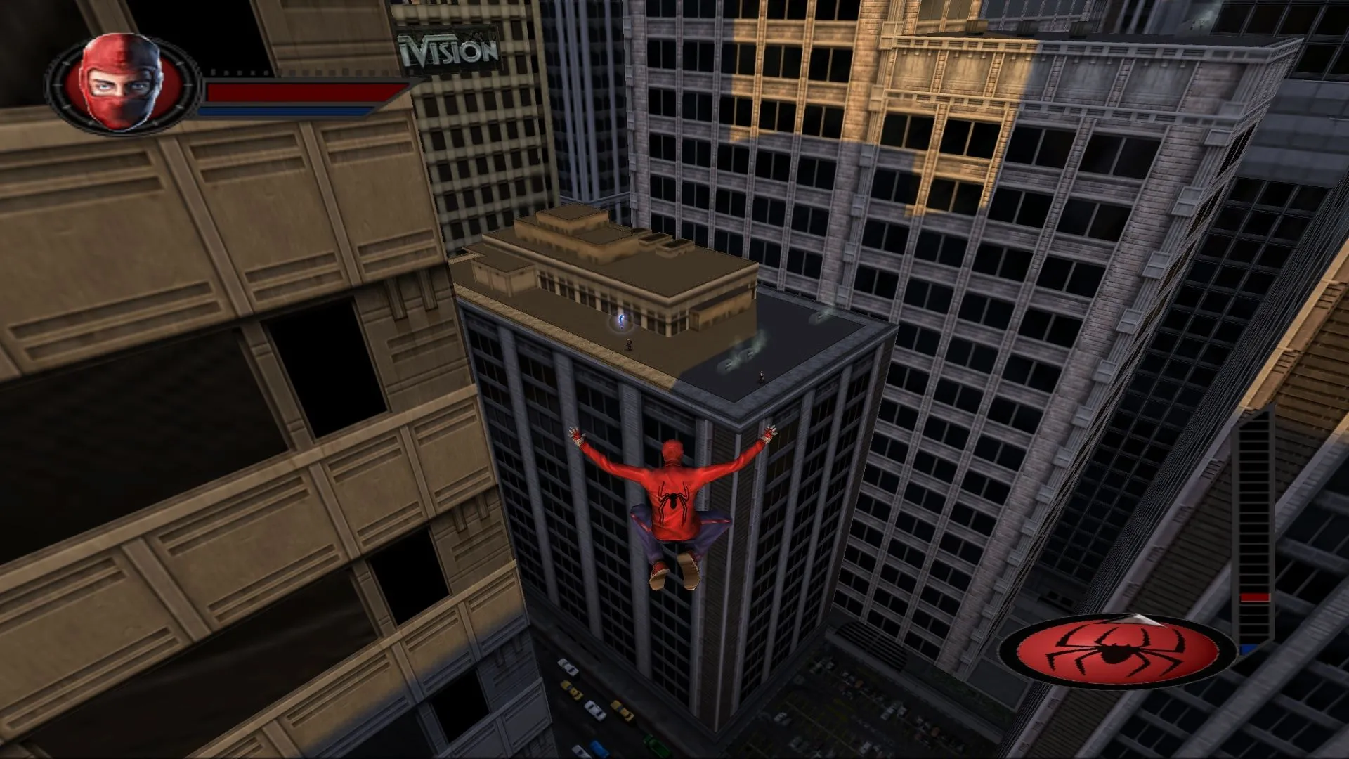 Spider-Man nhào lượn qua đường phố New York, thể hiện gameplay hành động trên PS2