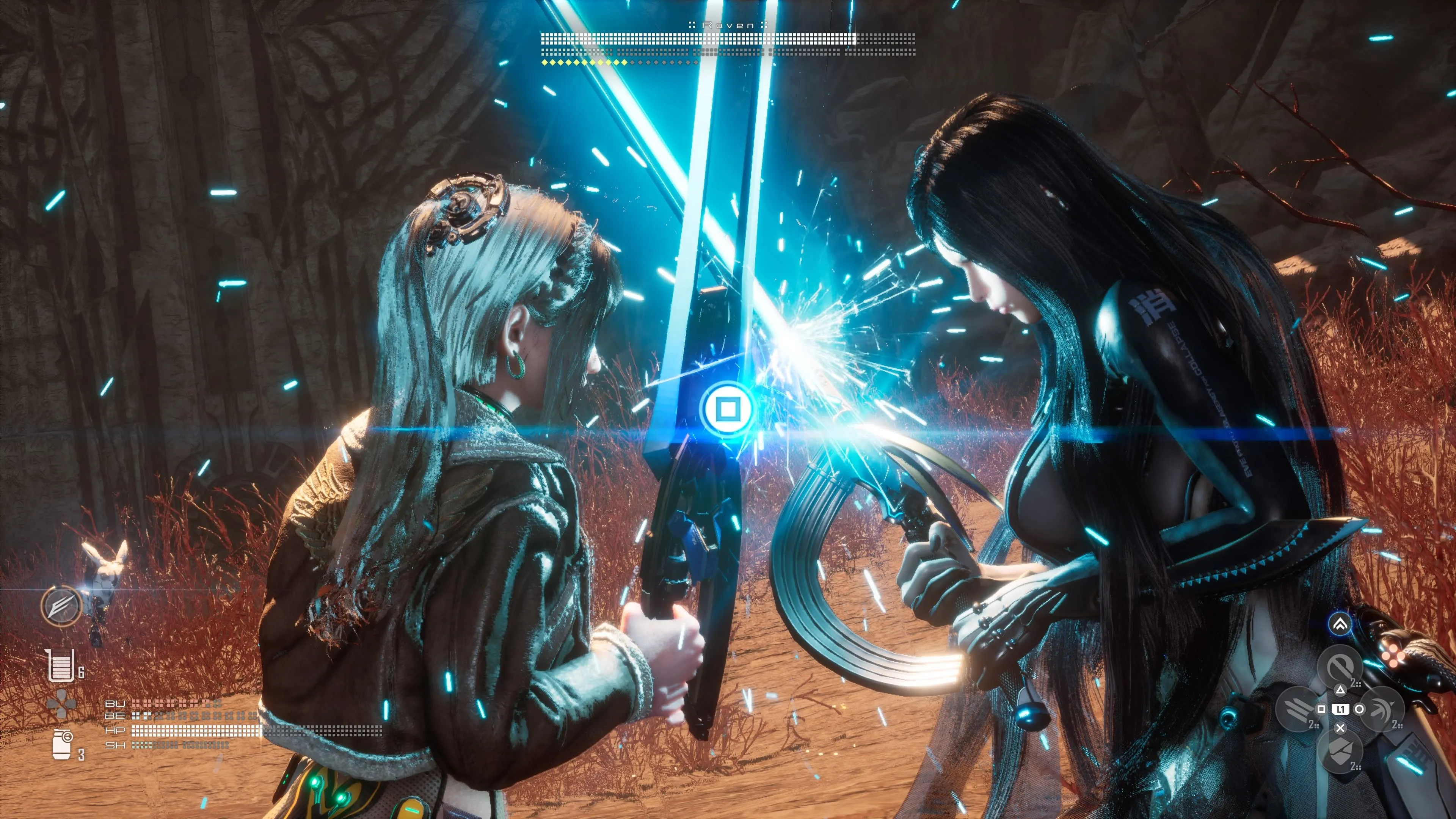 Stellar Blade screenshot với nhân vật Eve trong combat, hiển thị đồ họa và combo kỹ năng