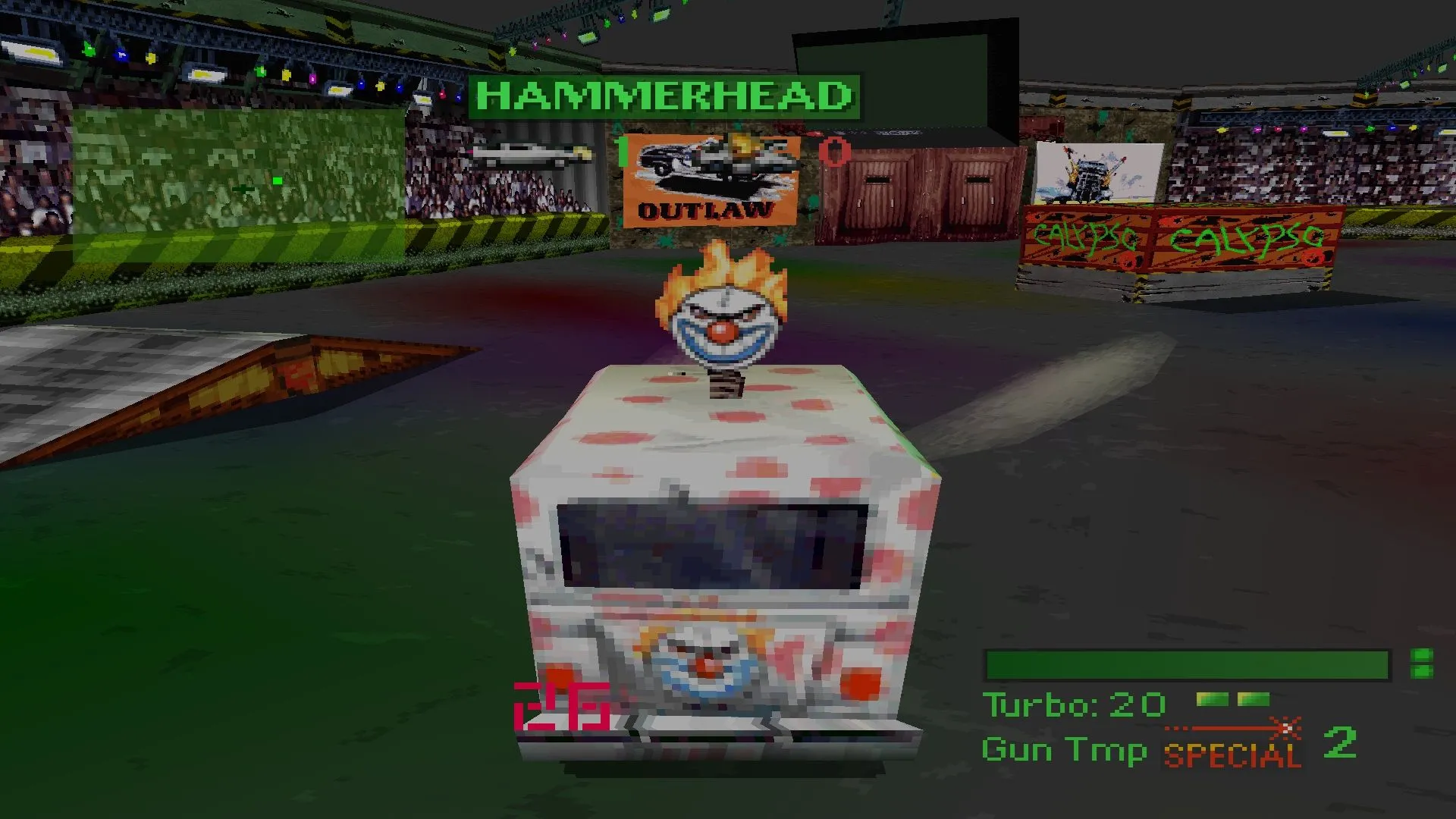 Sweet Tooth trong một màn chơi của Twisted Metal, cảnh xe chiến đấu với hiệu ứng đèn