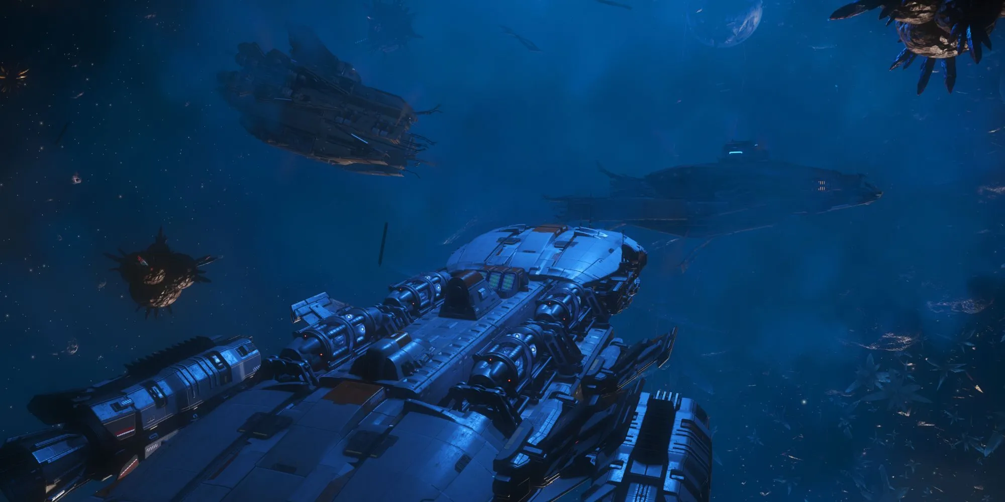 Tàu vỡ vụn trong No Man's Sky Breach, khung cảnh tàu đổ nát giữa không gian