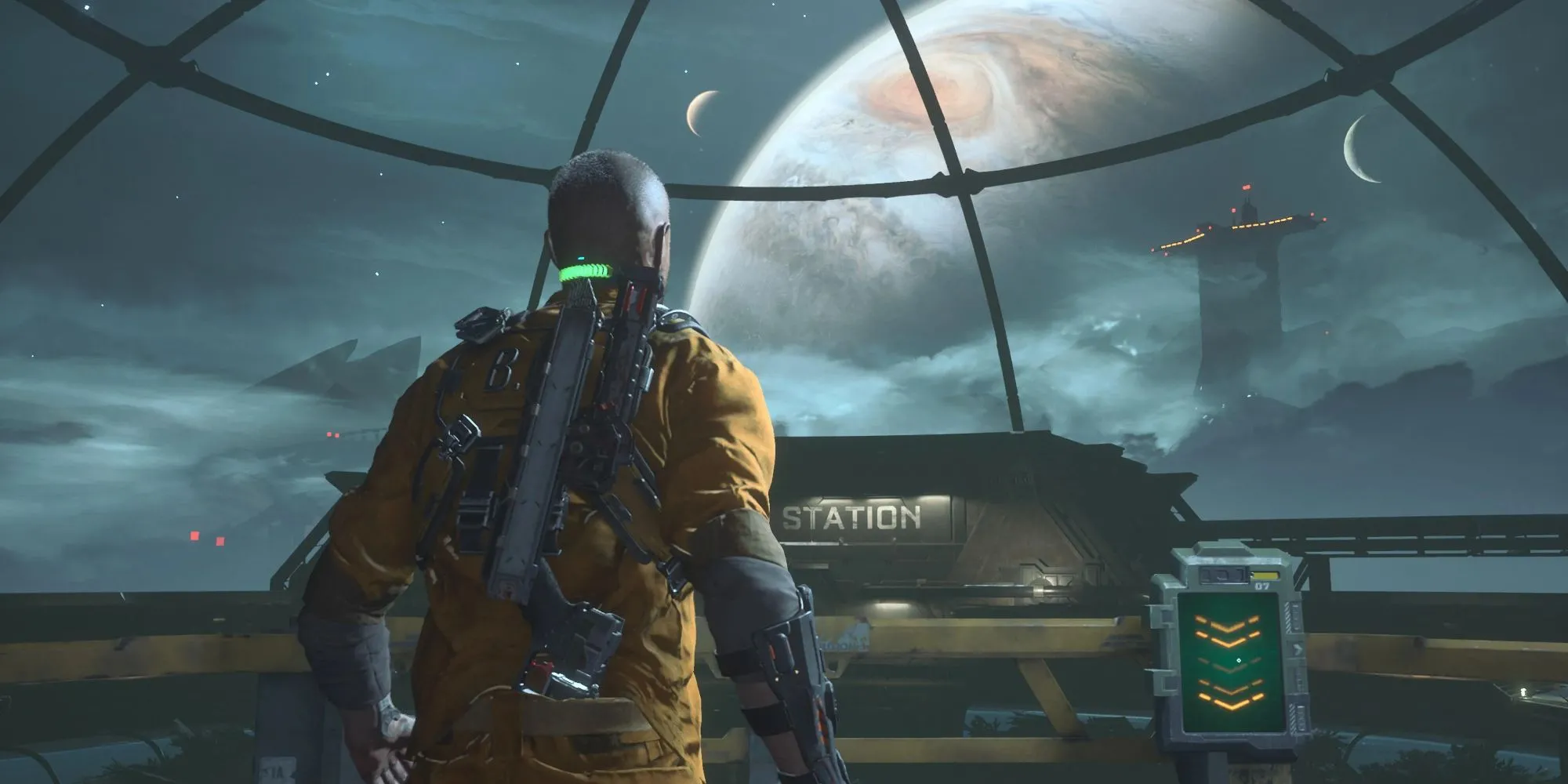 The Callisto Protocol: nhân vật chính nhìn về khoảng không tối tăm trong nhà tù không gian