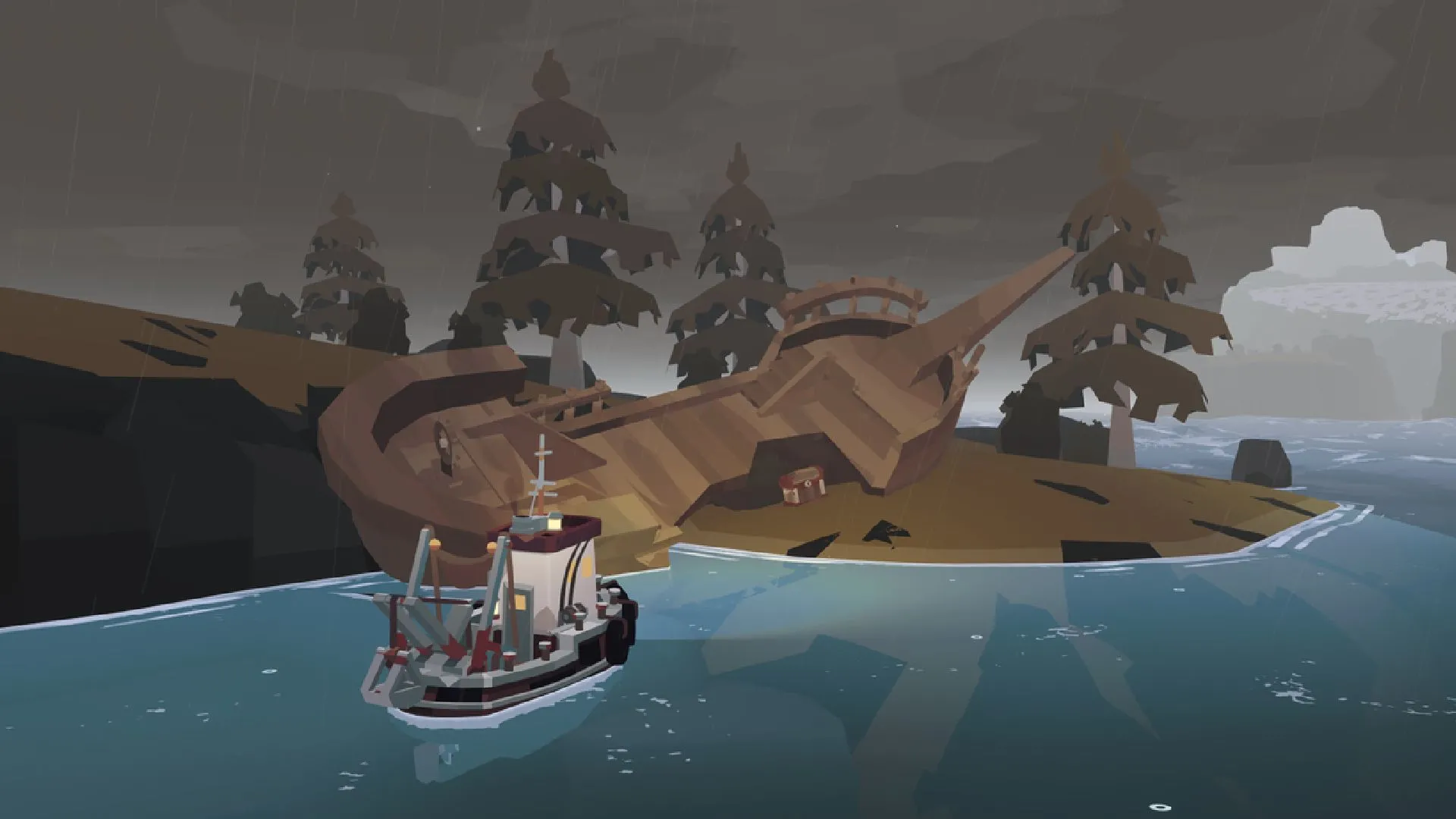 Thuyền câu trong Dredge dưới bầu trời đêm, minh họa yếu tố Lovecraftian và hệ thống sanity khi đi biển đêm