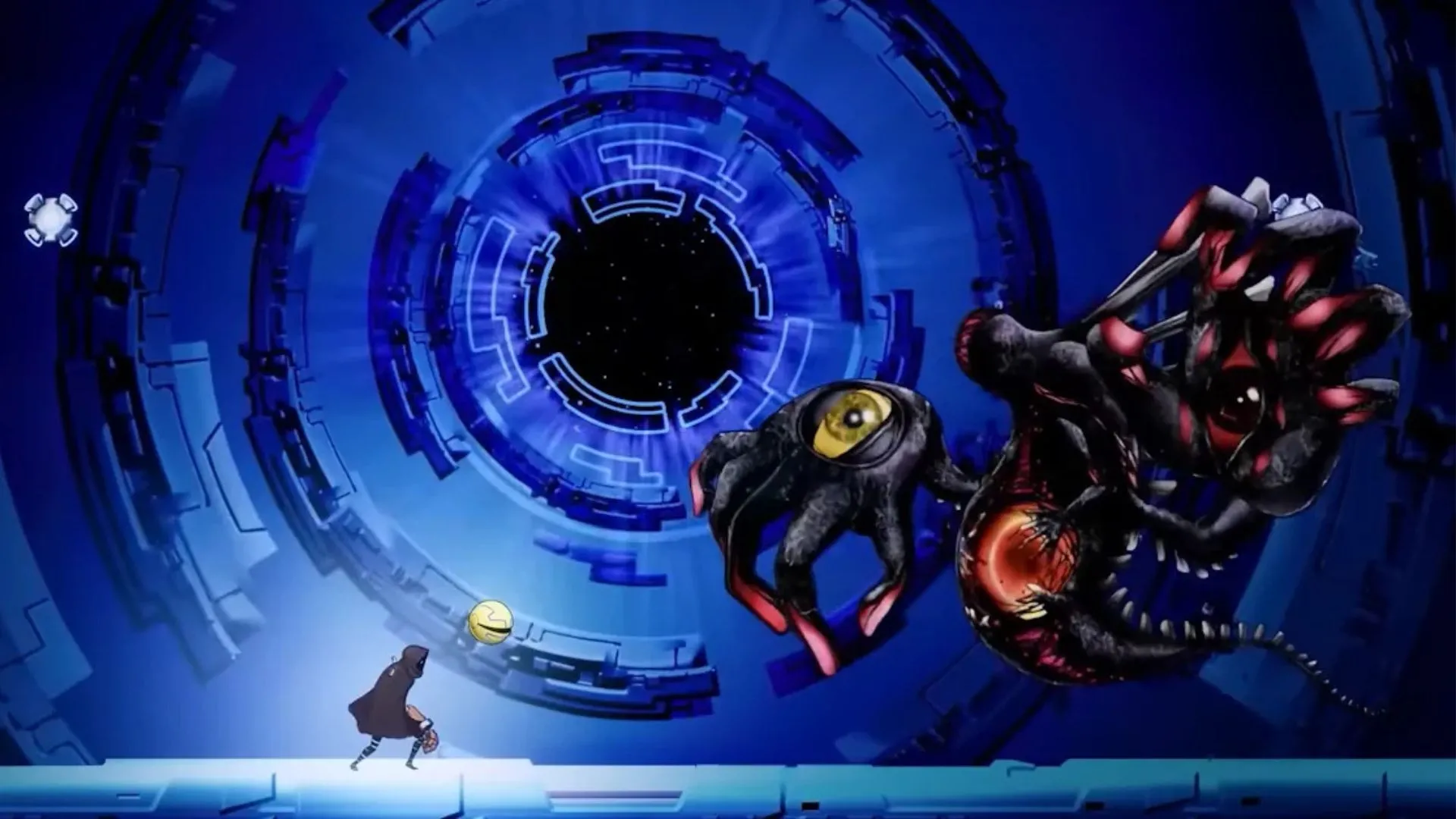 Trận đánh boss trong Shadow Labyrinth, phong cách pixel/2D pha sci-fi