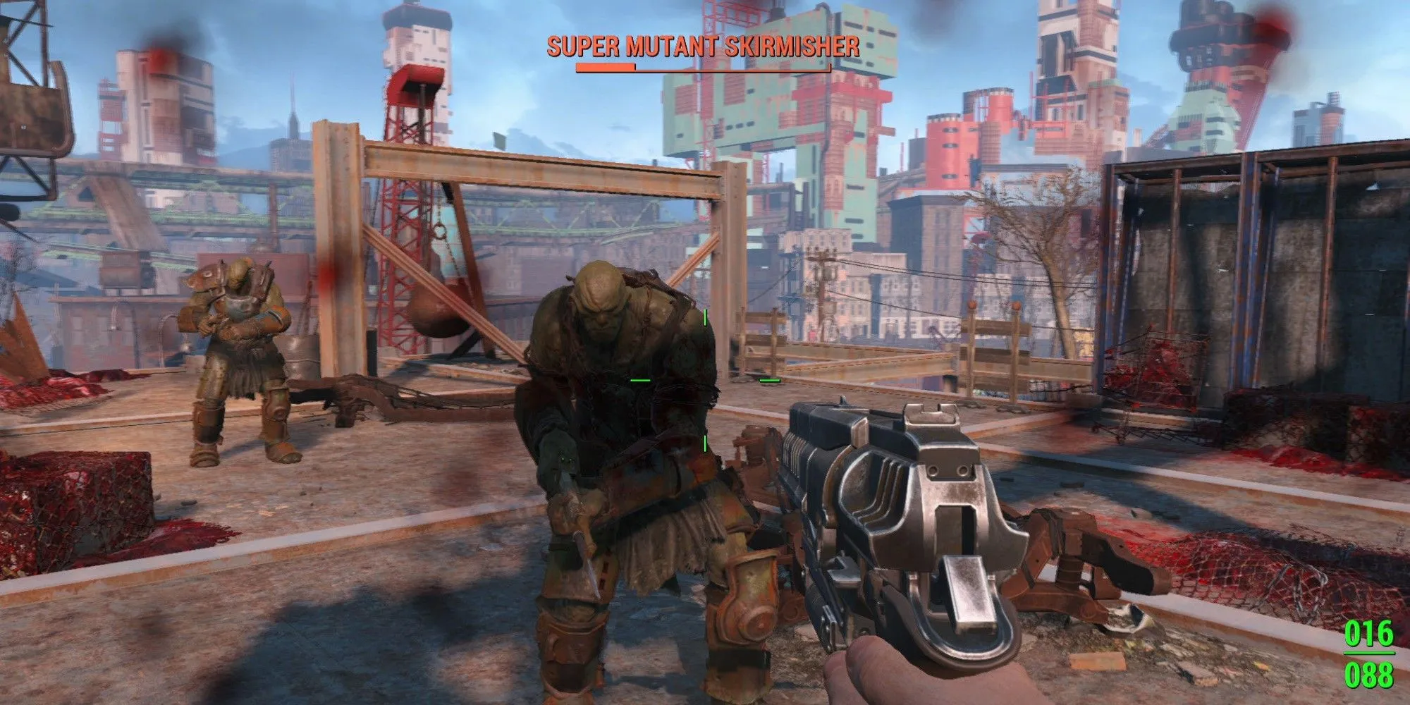 Tương tác chiến đấu với Supermutant trong Fallout 4 ở góc nhìn nhấn mạnh tính năng V.A.T.S và bắn tỉa