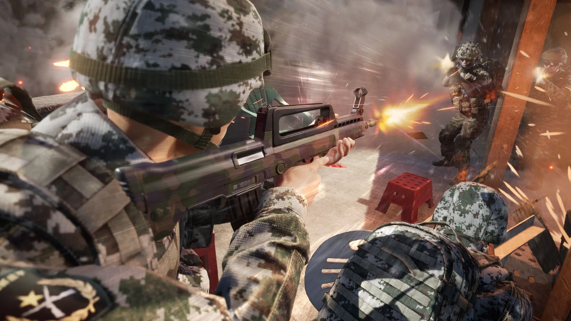 Tương tác CQB trong Squad minh họa suppression tổ đội