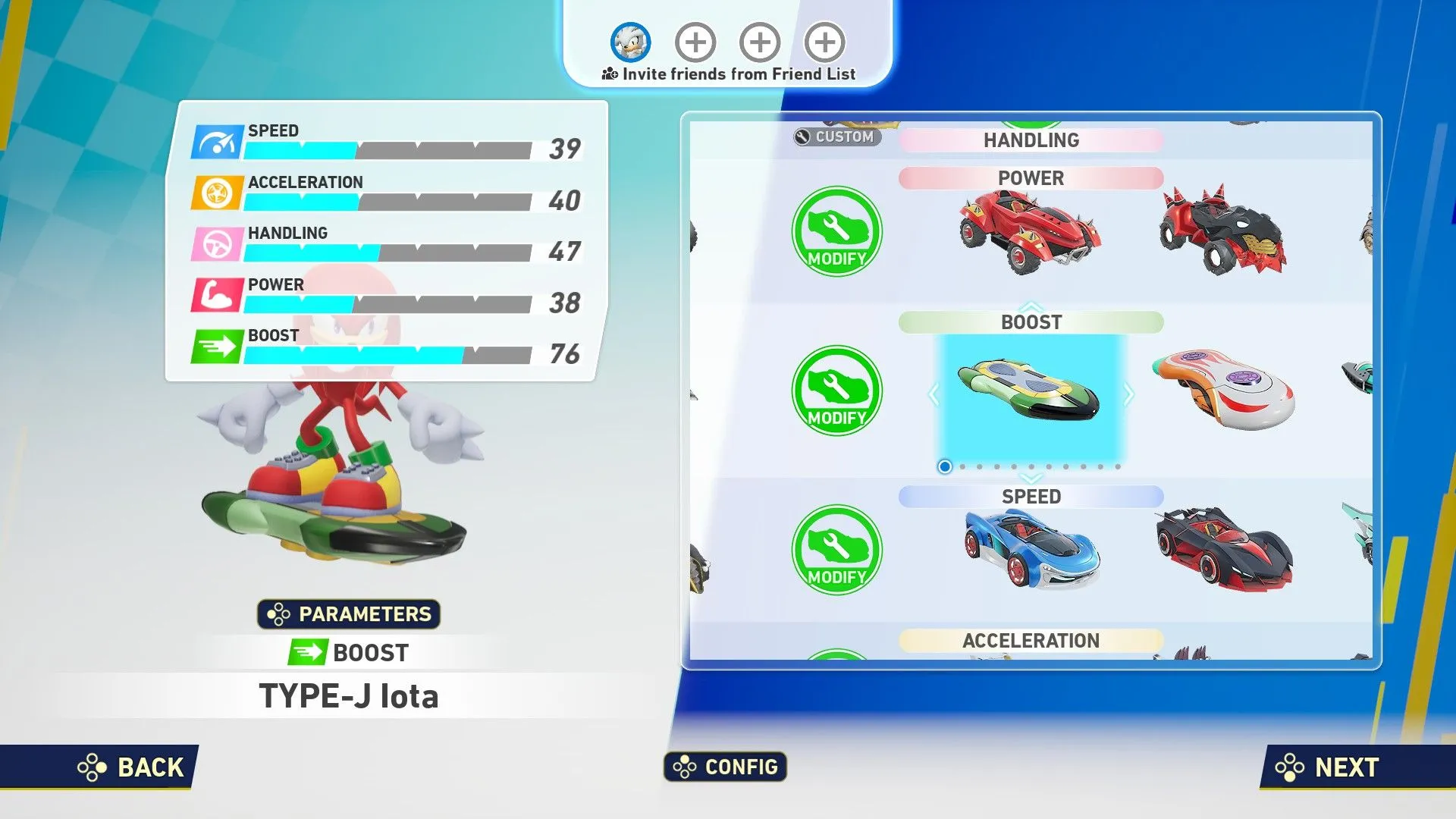 TYPE-J Iota hoverboard - build cân bằng với boost cao, phù hợp cho lối chơi jack-of-all-trades trong Sonic Racing Crossworlds
