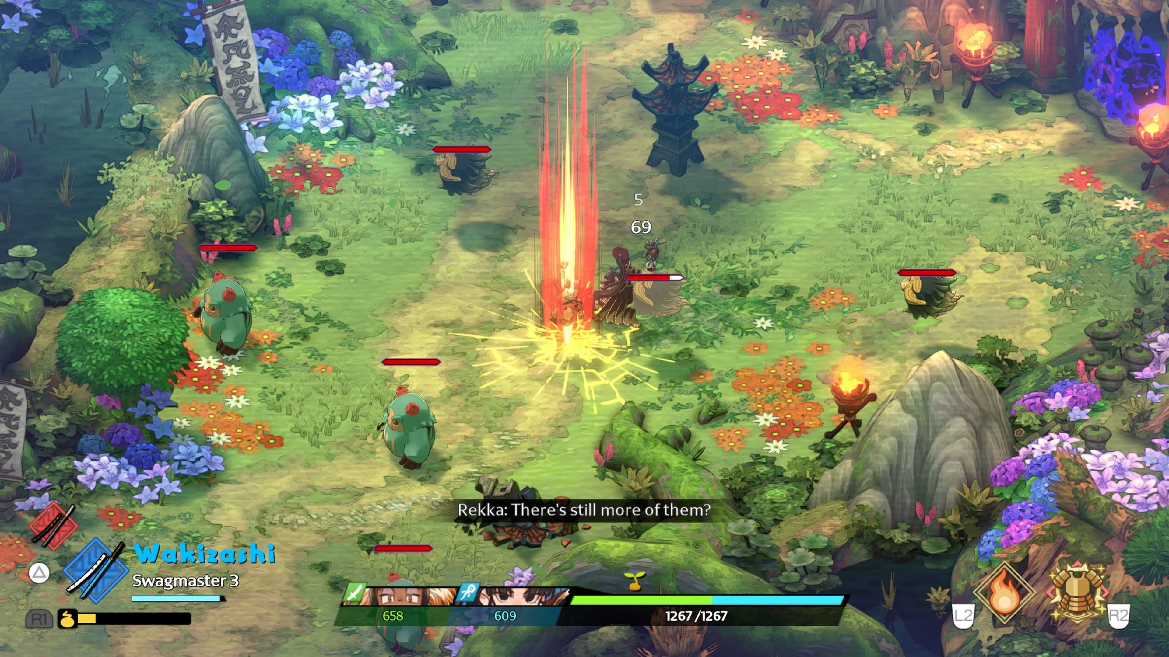 Ví dụ telegraph AoE trên sàn nhà và hiệu ứng chiến đấu đông đúc trong Towa