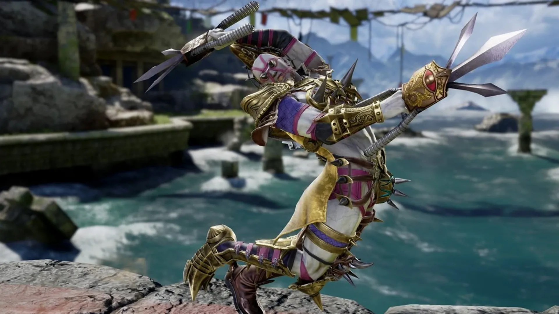 Voldo với trang phục dây da và mặt nạ trong SoulCalibur 6