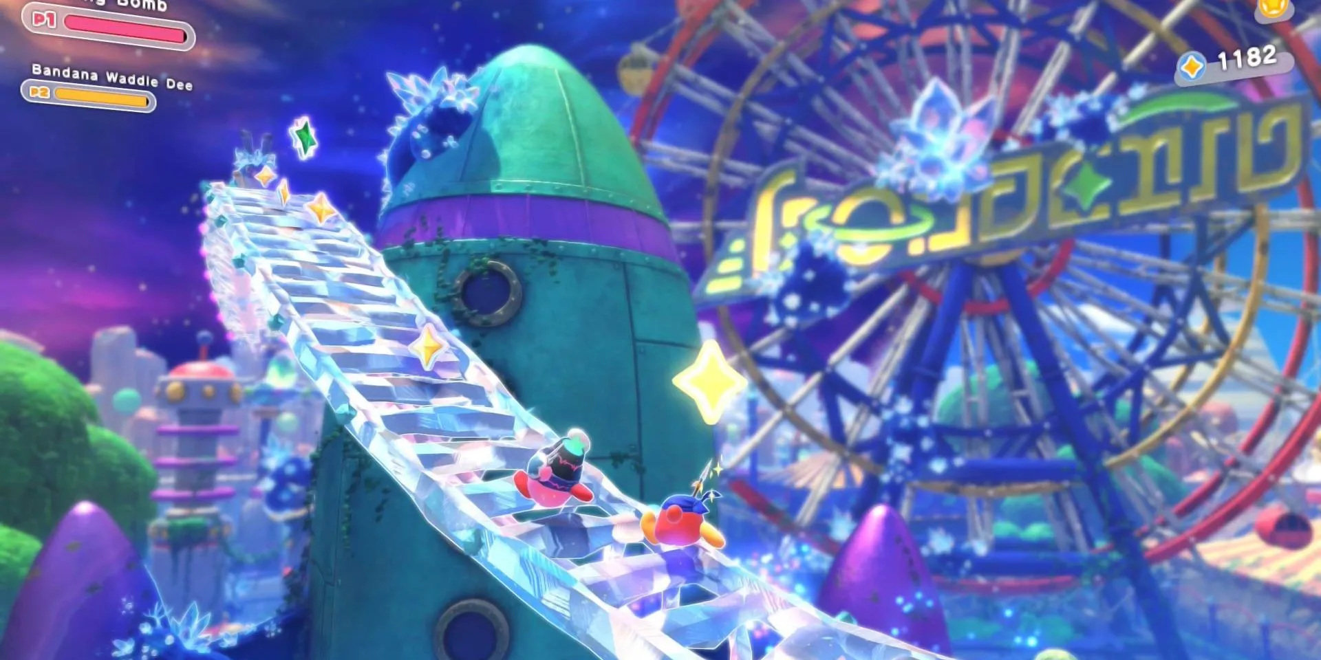 Vòng đu quay lớn trong Kirby: Star-Crossed World, thể hiện bối cảnh màu sắc và thân thiện của series