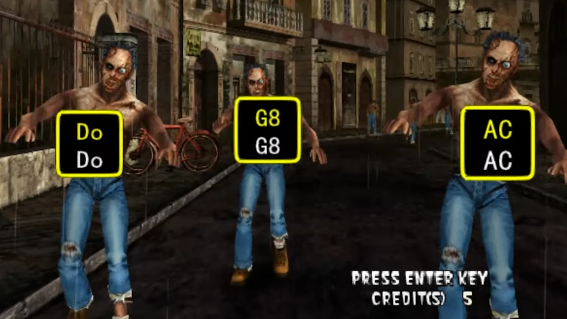 Zombie tiến lại gần trong The Typing of the Dead, cơ chế gõ chữ thay cho bắn súng truyền thống